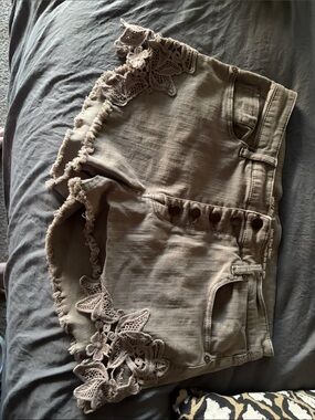 High-Rise Olive Green Lace-Trim Jean Shorts